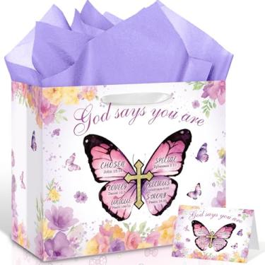 Imagem de Bolsa de presente cristã borboleta para mulheres e meninas, bolsa de presente inspiradora floral roxa com cartão, papel de seda, cruz religiosa, versículo da bíblia espiritual, sacos de aniversário