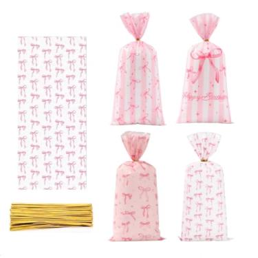 Imagem de LVZGCXPO 50 sacos de celofane amarrados com laço - Sacos de plástico divertidos de doces com laço rosa para lanches, biscoitos, aniversários, casamentos e decorações de festa (4 modelos)
