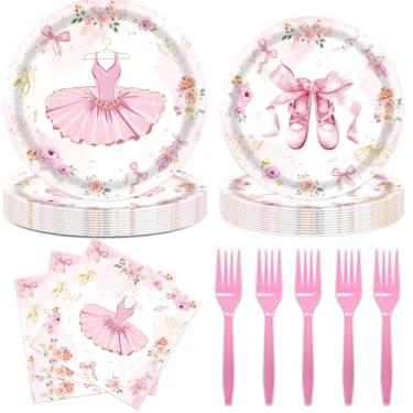 Imagem de 96 peças decorações de festa de aniversário bailarina pratos de papel balé guardanapos garfos para balé casamento chá de bebê suprimentos de festa de aniversário, adequado para 24 convidados