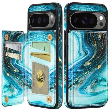 Imagem de Shorogyt Capa carteira para Google Pixel 10 Pro XL com suporte para cartão - Design ciano com suporte para fecho magnético traseiro flip fólio capas de telefone de couro para Pixel 10 Pro XL para