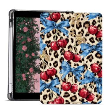 Imagem de AdorableWhimsy Capa com estampa animal para iPad 9ª/7ª/8ª geração (2021/2020/2019 10,2 polegadas), design de laço cereja estético, capa protetora de couro, capa traseira macia dobrável com suporte