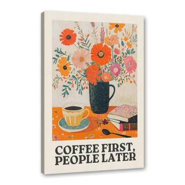 Imagem de Coffee First People Later Poster Retro Coffee Wall Art Trendy Flower Print Minimalista Vintage Floral Para Sala de Jantar Cozinha Decoração de Parede (SKU4,16x60 cm), Emoldurado (Tela Emolgada))