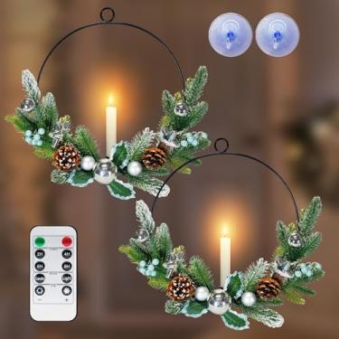 Imagem de 2 guirlandas de Natal para porta da frente com velas afuniladas de LED, guirlanda de janela de 40,6 cm de Natal com luz e controle remoto, enfeites de inverno ao ar livre operados por bateria