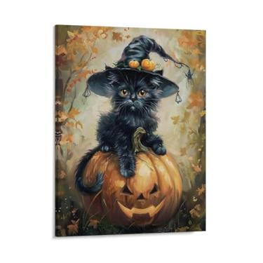 Imagem de HouLaiZhe Pôster de Halloween Gato Preto Abóbora Chapéu de Bruxa Impressões de Arte de Parede Decorações de Halloween Decoração de Parede Estética Gótica para Sala de Estar Quarto 08 x 10 polegadas