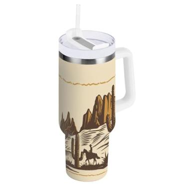 Imagem de STAYTOP Copo de cowboy norte-americano de 1,134 g com tampa e palha, copo isolado de aço inoxidável durável à prova de vazamento com alça, garrafas de água à prova de derramamento para viagens