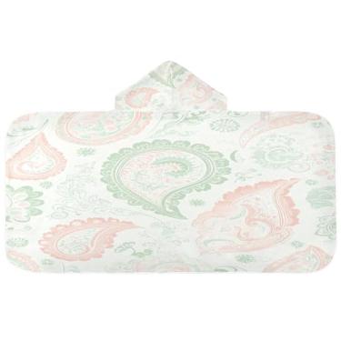 Imagem de Burbuja Toalha de banho com capuz Paisley rosa menta para crianças, toalha de praia de pelúcia macia absorvente para chá de meninas e meninos 3-10 anos, 61 x 127 cm
