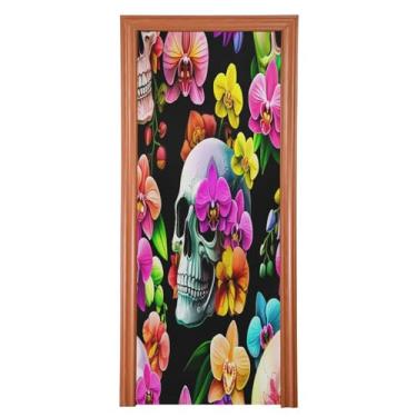 Imagem de Qilmy Decoração de capa de porta 89 x 200 cm tecido grande placa de decoração de festa de Halloween para porta da frente Halloween crânio varanda decoração externa janela parede 759