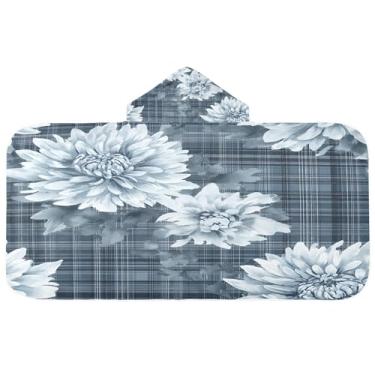 Imagem de Burbuja Toalha de banho com capuz xadrez de flores de crisântemo para crianças, toalha de praia de pelúcia macia absorvente para meninas e meninos 3-10 anos, 61 x 127 cm