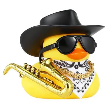 Imagem de BOZILY Decoração de painel de carro de pato de borracha cowboy com saxofone, chapéu de caubói, óculos de sol, colar de ouro e cachecol - ornamento musical engraçado de pato para interior de carro