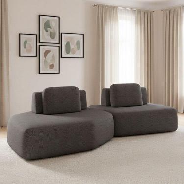 Imagem de Sofá 2 Lugares Orgânico Com Chaise E 1 Módulo Central Berlim Bouclê K01 - D`rossi Grafite