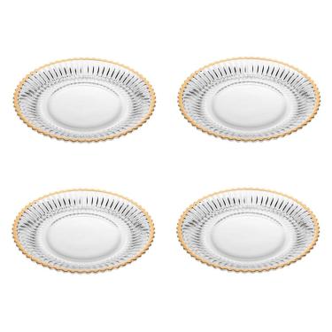 Imagem de Cj 4 Pratos para Sobremesa de Cristal Canelado Imperatriz C/Fio de Ouro 20cm Wolff