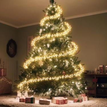 Imagem de Mudder Luzes de árvore de Natal de 15 metros com anel de arame de metal, 300 luzes LED de corda de fada, 8 modos de iluminação, alimentada por bateria para decoração de festa de árvore de Natal em