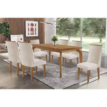 Imagem de Sala Jantar Mesa Londrina Tampo Curvo 180cm+6 Cadeiras Dakota Madeira Naturale - Capuccino/Suede Creme - Rufato