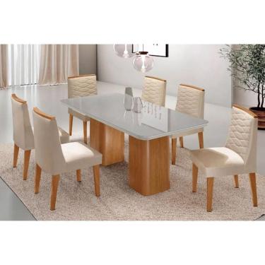 Imagem de Sala Jantar Mesa Maldivas Tampo c/ Vidro Curvo 180cm+6 Cadeiras Maldivas Madeira Naturale/Off White - Capuccino/Suede Creme - Rufato