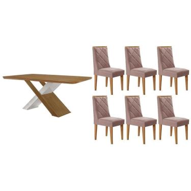 Imagem de Sala Jantar Mesa Imperatriz Tampo Curvo 180cm+6 Cadeiras Pietá Madeira Naturale/Off White - Capuccino/Linho Capuccino - Rufato