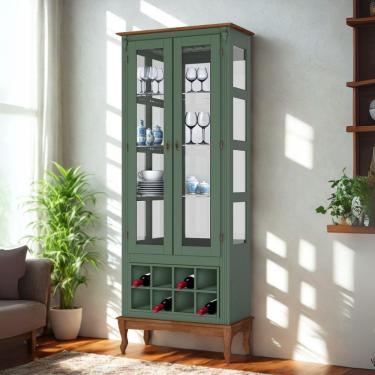 Imagem de Adega E Cristaleira Colonial Com 2 Portas De Vidro E Pés Luiz Xv - Verde Kalle Laca Com Tampo E Base Imbuia Glazer