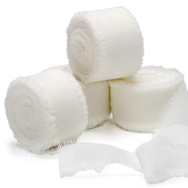 Imagem de EUSOAR Fita para embrulho de presente, 4 rolos de 2,5 cm x 5,5 jardas cada fita de chiffon de cetim com franja bege, fitas feitas à mão para artesanato, casamento, buquê de flores, convites, decoração