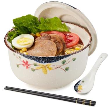Imagem de Conjunto de tigelas de ramen de cerâmica, tigelas de sopa grandes japonesas vintage japonesas, tigela de macarrão instantâneo, utensílios de mesa asiáticos, com tampa, colher e pauzinhos para