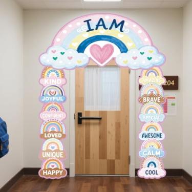 Imagem de WADORN Banner Boho para alpendre de porta de sala de aula, 1,8 x 2,8 m, decoração de fundo motivacional arco-íris, citações inspiradoras positivas, material de pendurar para pendurar em sala de aula