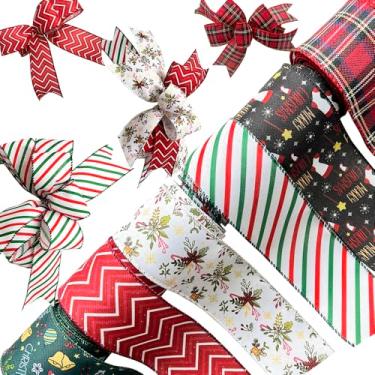 Imagem de Fitas de Natal com fio de 30 metros listradas, bordas, búfalo, xadrez, fita de tecido verde vermelho para artesanato de guirlanda de Natal, artesanato faça você mesmo, materiais de embrulho, 6 rolos 5