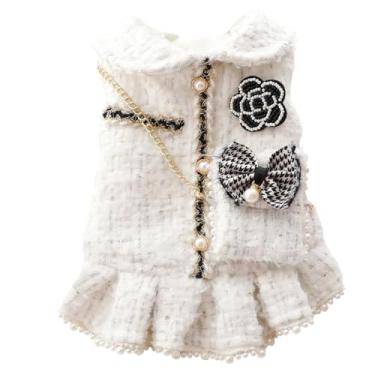 Imagem de PalmPurr Vestido de princesa de tweed para cães pequenos outono inverno, design de pérola branca, casaco de lã quente para meninas, roupas fofas para filhotes com flor de laço, roupa luxuosa para