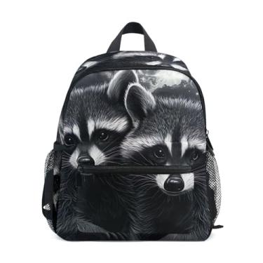 Imagem de GAIGEO Raccoons Moonlight Dark Grey Kids School Backpack with Whistle, 2 Bottle Pockets, Lightweight, Girls Travel Backpack 10x4x12 In, for Ages 3-8