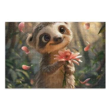 Imagem de Quebra-cabeça de 500 peças, quebra-cabeça de preguiça fofa com flor, quebra-cabeça de desafio educativo e de aprendizagem para adultos, 52 cm C x 37,8 cm L