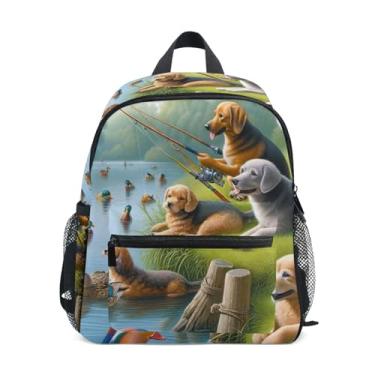 Imagem de GAIGEO Funny Dogs Fishing Small Kids Backpack with Whistle, 2 Bottle Pockets, Lightweight, Backpacks for Preschool 10x4x12 In, for Ages 3-8