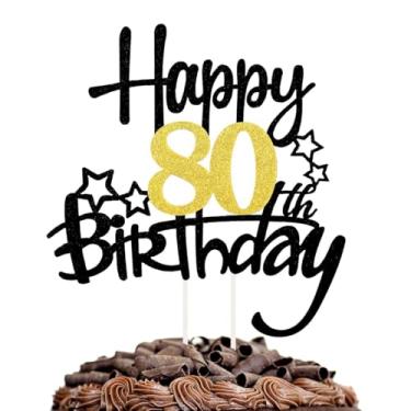 Imagem de Happy 80th Birthday Cake Toppers Black Gold Glitter, Cheers to 80 Years Old Bday Decoration 80th Anniversary Dessert Topper, Eighty Theme Cake Picks Appetizers Cocktail Toothpicks Party Supplies