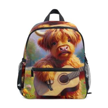 Imagem de GAIGEO Cute Highland Cow Floral Mini Kids Backpack School Backpack for Girls with Front Pocket, Safety Whistle for Ages 3-8