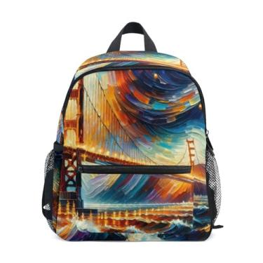 Imagem de Golden Gate Bridge Starry Night Little Kid Backpack with Whistle, 2 Bottle Pockets, Lightweight, Toddler Travel Backpack 10x4x12 In, for Ages 3-8