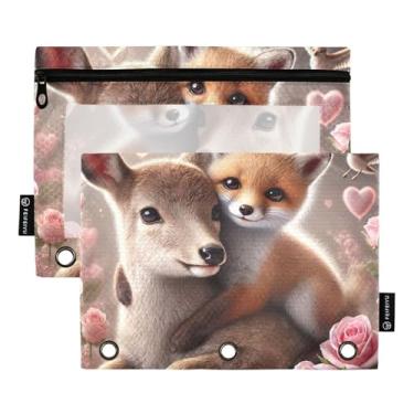 Imagem de GAIGEO Estojo para fichário com 3 anéis, estampa fofa, cervo, raposa, dia dos namorados, fichário, bolsas escolares transparentes, bolsos de giz de cera 25 x 18 cm, 2 pacotes