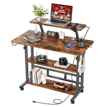 Imagem de Mesa de pé de altura ajustável com tomadas, mesa com suporte para monitor e prateleiras de armazenamento, mesa pequena para computador móvel de 80 cm, mesa portátil para laptop (marrom retrô)