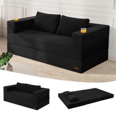 Imagem de MeMoreCool Sofá de futon preto conversível Queen, sofá-cama dobrável de chão com travesseiro, sofá-cama dobrável de veludo cotelê, sofá dobrável desossado para sala de estar, espaços pequenos