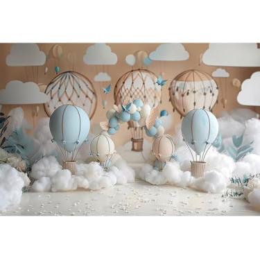 Imagem de YongFoto Balão de ar quente, cenário de nuvens, 2,1 x 1,5 m, plano de fundo para fotografia de passeio de voo, aterrissagem em breve, chá de bebê, primeira viagem, faixa de festa de aniversário