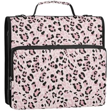 Imagem de Fichário de 3 anéis bege com estampa de leopardo 3,8 cm D fichário organizador com zíper bolsa de fichário com alça para armazenamento de desenhos animados escolares, pasta de portfólio com alça, 34,5