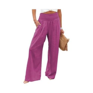 Imagem de Calças Casuais Femininas De Perna Larga Com Cordão Na Cintura Média Es