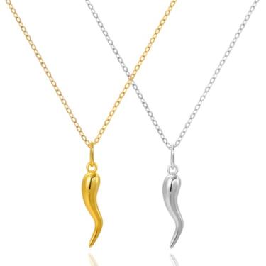 Imagem de LANWLOSI 2 colares de chifre italiano para mulheres, colar moderno com pingente de chifre italiano dourado, cornicello, amuleto de prata, pescoço, renda, talismã, proteção, joias da sorte, presentes