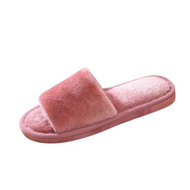 Imagem de Chinelo feminino casual versátil quente com uma alça aberta e peludo elegante outono e inverno sandálias internas de sola grossa, rosa, 34
