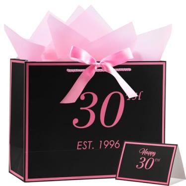 Imagem de Bolsa de presente de aniversário de 30 anos com cartão e papel de seda para mulheres dela, 1995 30 anos 33 cm elegante preto e rosa aniversário lembrança festa presente compras sacos de papel para