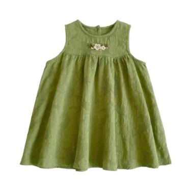 Imagem de Vestido Casual Bege Verde Para Meninas, Decote Redondo, Bordado Floral