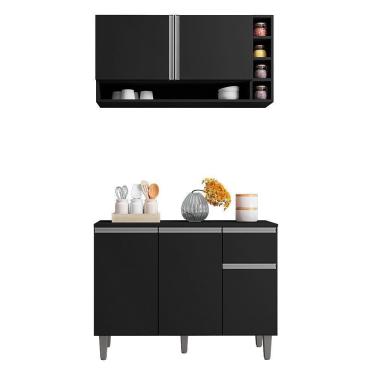 Imagem de Kit De Cozinha Vanessa Balcão Com Tampo Mdp E Aéreo Preto - Ajl Móveis Preto