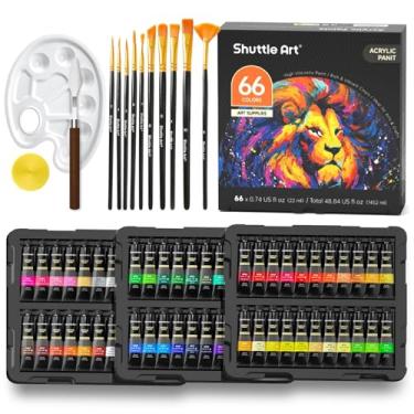 Imagem de Conjunto de 82 tintas acrílicas, Shuttle Art 66 cores de tinta acrílica com 10 pincéis, tubos de 22 ml, cores vibrantes, materiais de pintura de artistas para crianças, adultos, pintura e artesanato
