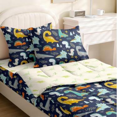 Imagem de Yadangxiawa Jogo de edredom infantil, solteiro com zíper, estampa de dinossauro, lençol com elástico e fronhas para todas as estações (dinossauros)