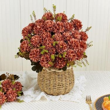Imagem de XIANNVXI Bola artificial marrom, crisântemo, 2 peças, 18 cabeças, crisântemos, buquê de flores artificiais marrons com arranjos de hastes para decoração de casa, ambientes internos e externos