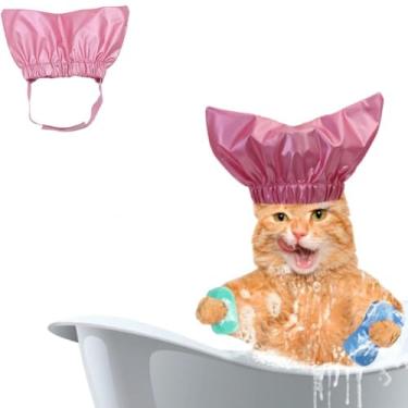 Imagem de KUNBIUH Touca de banho para animais de estimação - Touca de banho reutilizável para cães com alça ajustável para evitar água nas orelhas, arnês elástico para gato, cachorro, gatinho (rosa, P)