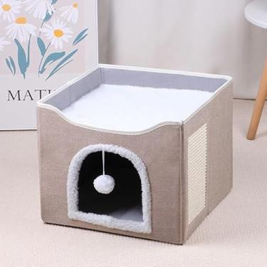 Imagem de Casinha Dobrável para Gatos com Arranhador de Sisal e Brinquedo Suspenso – Conforto e Diversão(BEGE-2)