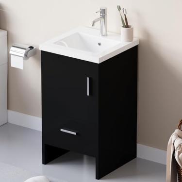 Imagem de walnest Conjunto de vaidade de banheiro de 45,7 cm com lavatório/torneira cromada de cerâmica embutida e ralo pop-up para banheiro para pequenos espaços, preto