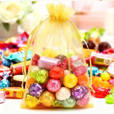 Imagem de Pacote com 50 sacos de organza de cor sólida com cordão, bolsas de lembrancinhas para casamento, doces, decoração de evento de aniversário (amarelo)