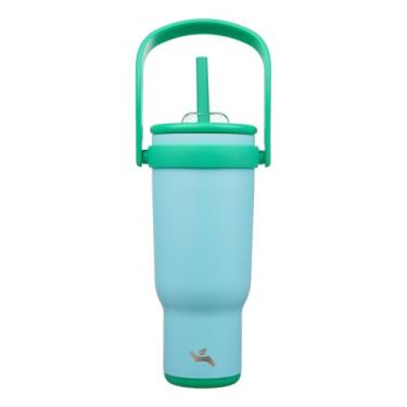 Imagem de Konokyo Copo de 1,134 g com alça lateral, garrafa de água isolada com canudo e tampa 2 em 1, caneca de café de viagem de aço inoxidável para esportes, escritório, academia, azul gelo